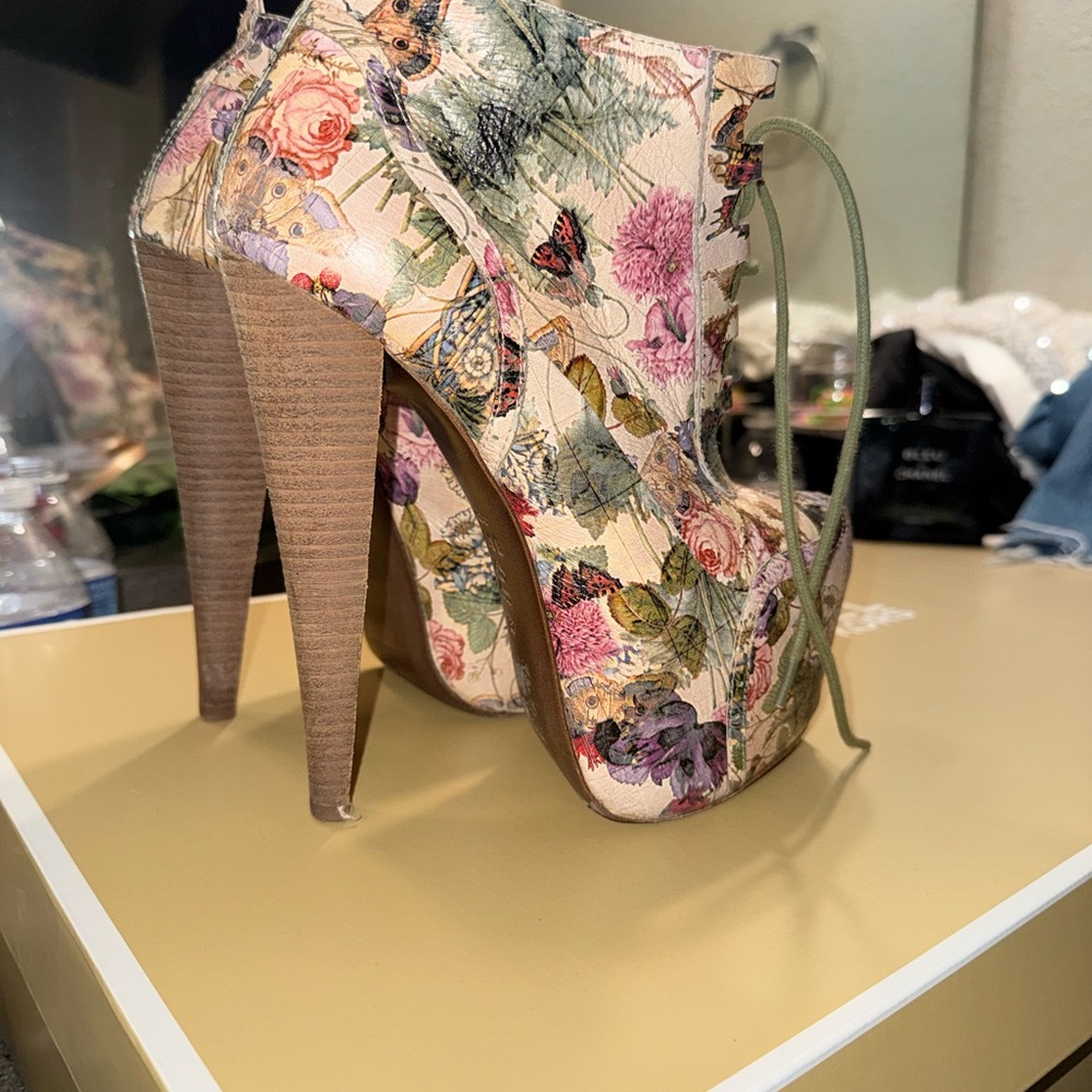 Aldo Floral Lace-Up High Heel Booties in Pink, Cream & Green